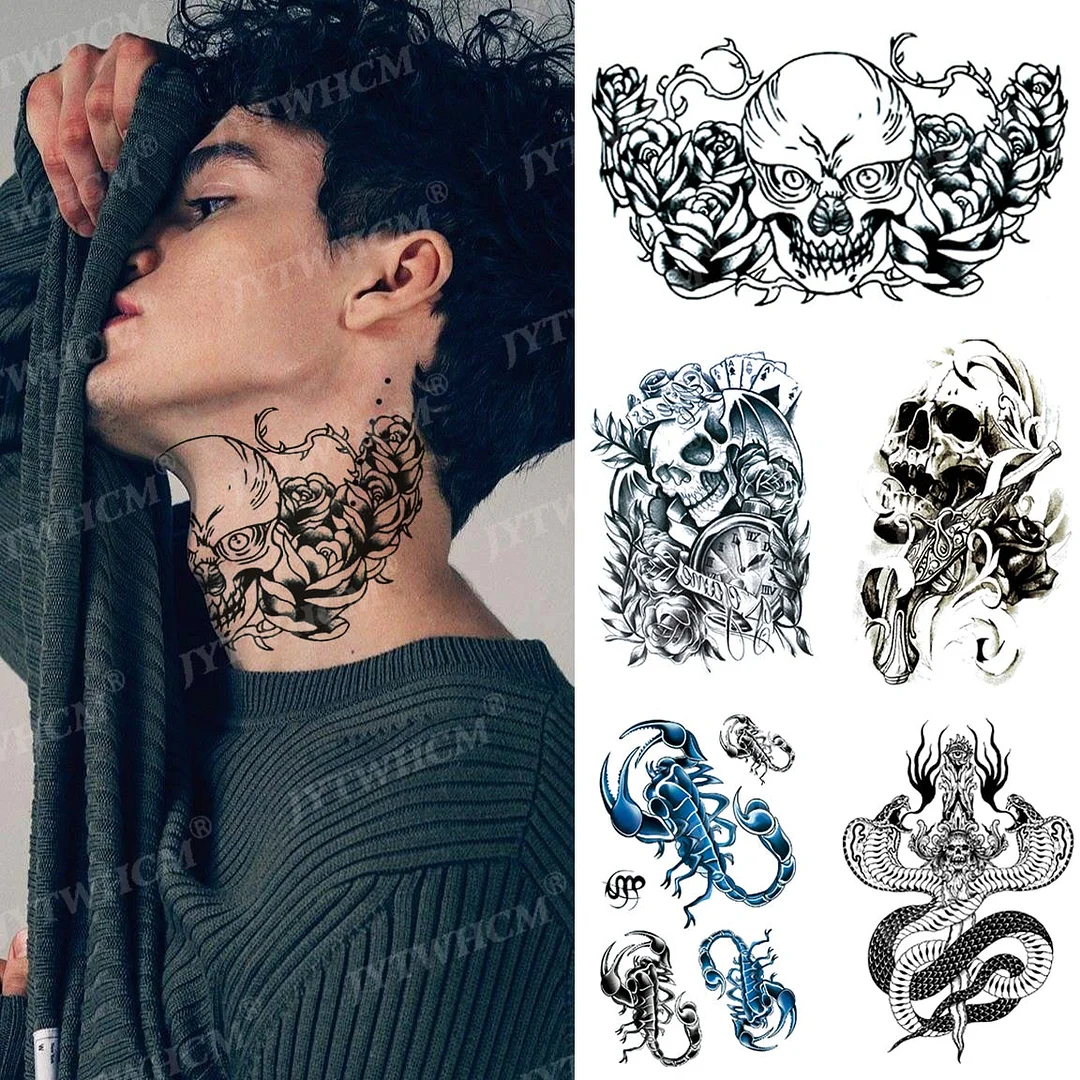 Waterproof Temporary Tattoo Stickers Turtleneck Tattoo Skull Dark Snake Fake Tattoos Arm Neck Transfer Tattoo for Men Body Art