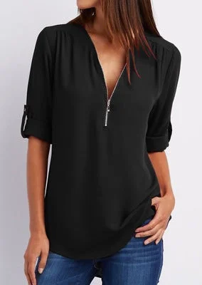 V-neck zipper sleeveless loose chiffon shirt