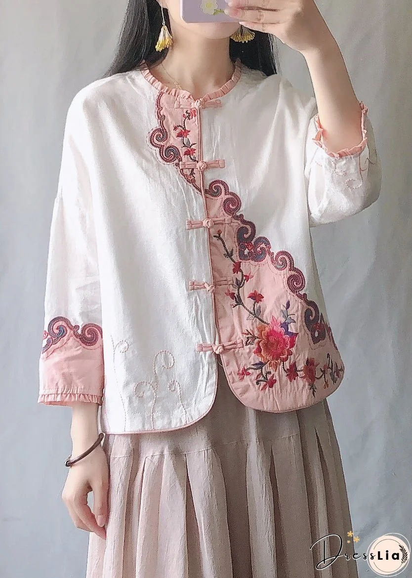 Vintage Pink Ruffled Embroideried Chinese Button Cotton Short Coat Spring