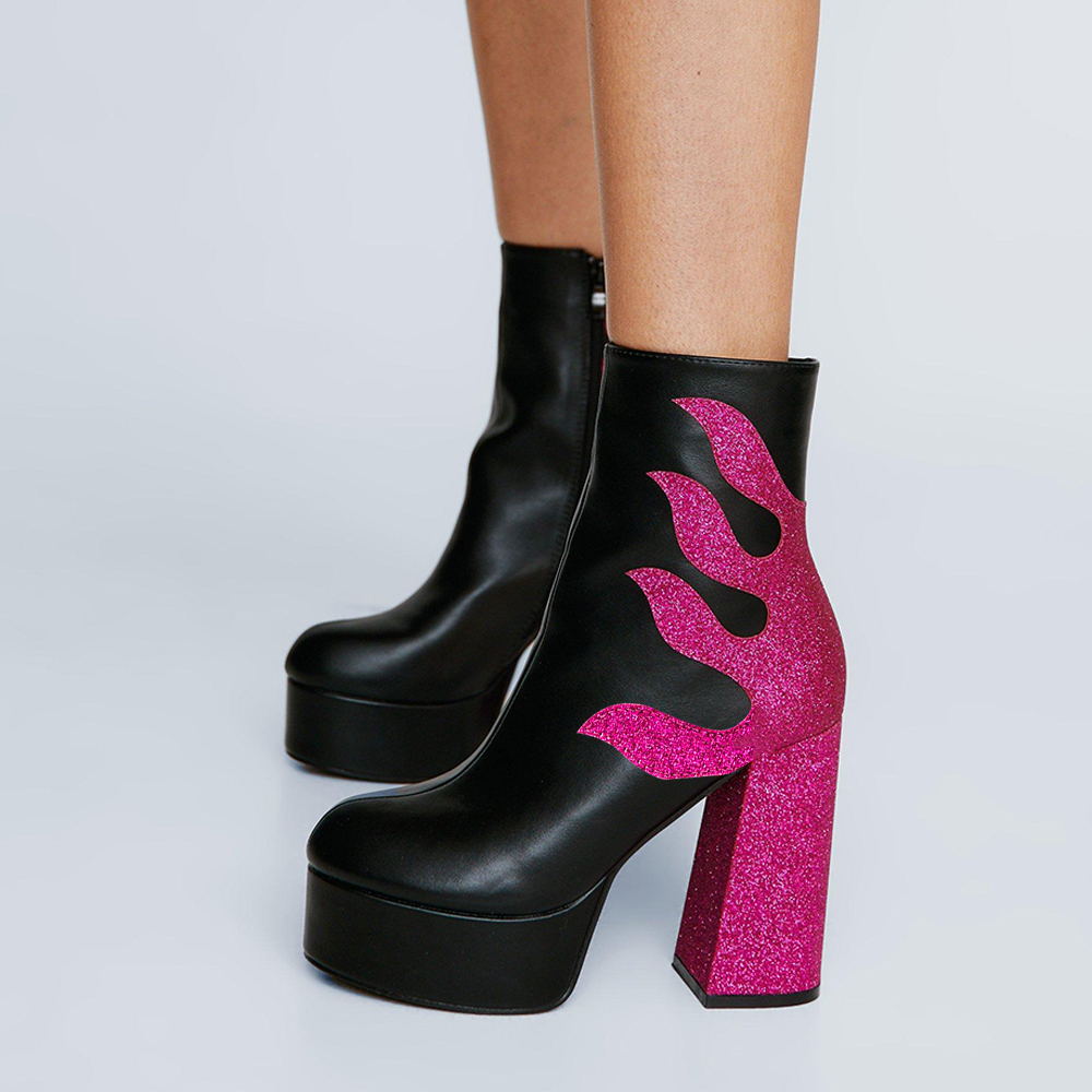 Fuchsia Glitter Splicing Chunky Heel Platform Black Ankle Boots Nicepairs