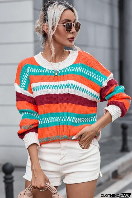 Striped Round Neck Long Sleeve Sweater