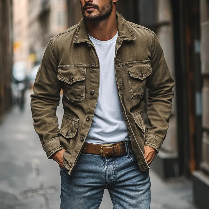 Men's Vintage Distressed Washed Canvas Lapel Multi-Pocket Work Jacket