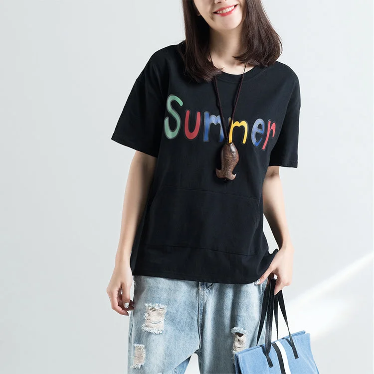 French black cotton clothes For Women stylish Work Outfits o neck Letter silhouette top