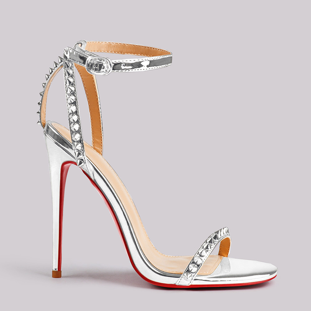 120mm Women's Sandals Stiletto Red Bottom High Heels Open Toe Ankle Strap Rivet Studs Shoes-MERUMOTE