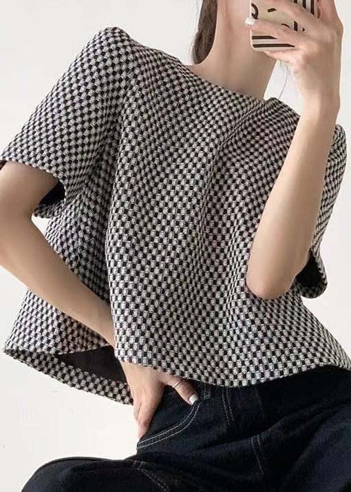 VCSHOES Plaid O Neck Cotton T Shirts Short Sleeve