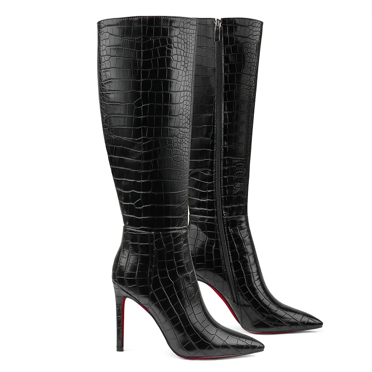 100mm Stylish Zipper Crocodile Red Bottoms Pumps High Heels Knee Boots