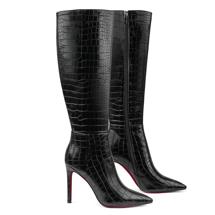 100mm Fashion Zipper Leather Red Bottoms High Heels Knee Boots