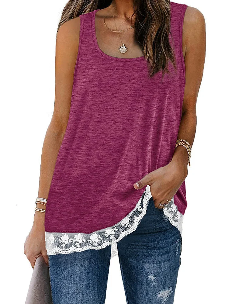 Women's Sleeveless Scoop Neck Lace Stitching Top