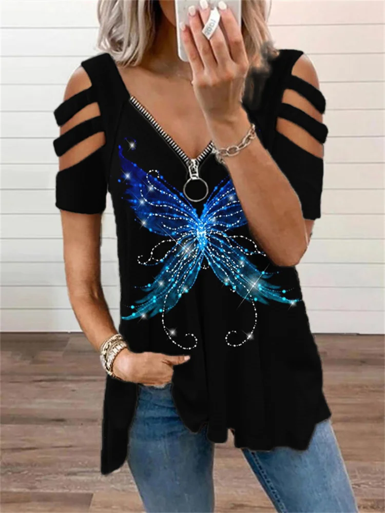 Classy Fairy Butterfly Glitter Hollow Shoulder T Shirt