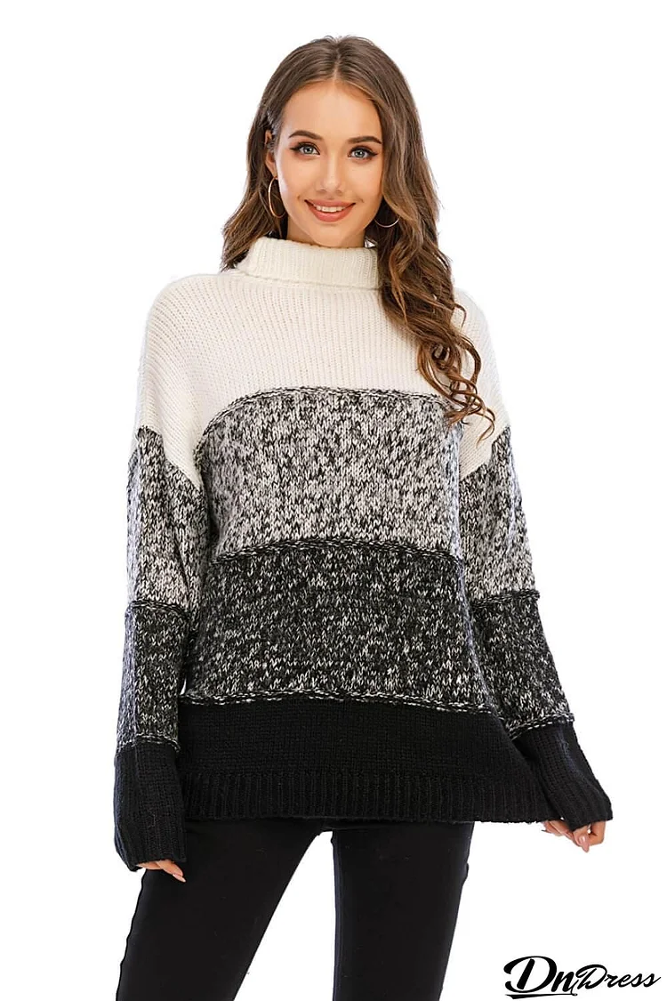 Color Block Turtleneck Knit Pullover