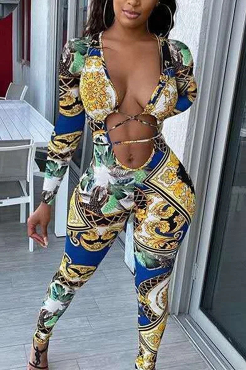 Fashion Sexy V Neck Long Sleeve Regular Sleeve Skinny Print Jumpsuits