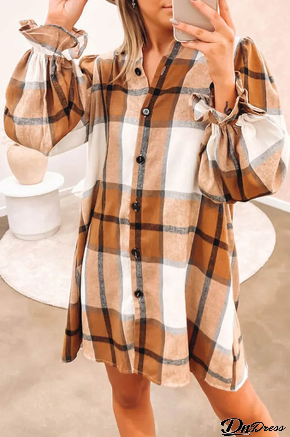 Khaki Plaid Pattern Collared Neck Ruffled Sleeve Shirt Dress