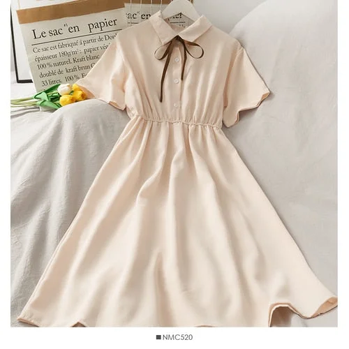 Dress Women Chiffon Bow Solid High Waist Turn-down Collar Preppy Style Kawaii Ulzzang Popular Temperament Girls Summer Holiday