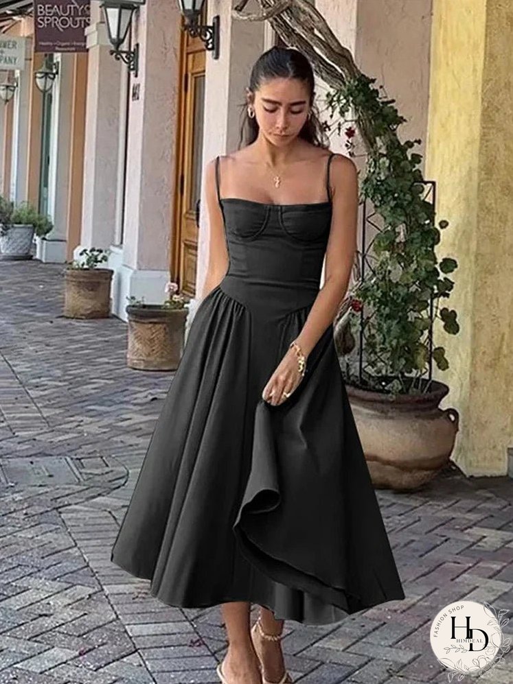 Elegant Solid Sling Long Pleated Dress Chic Sleeveless Backless A-Line Summer Party Club