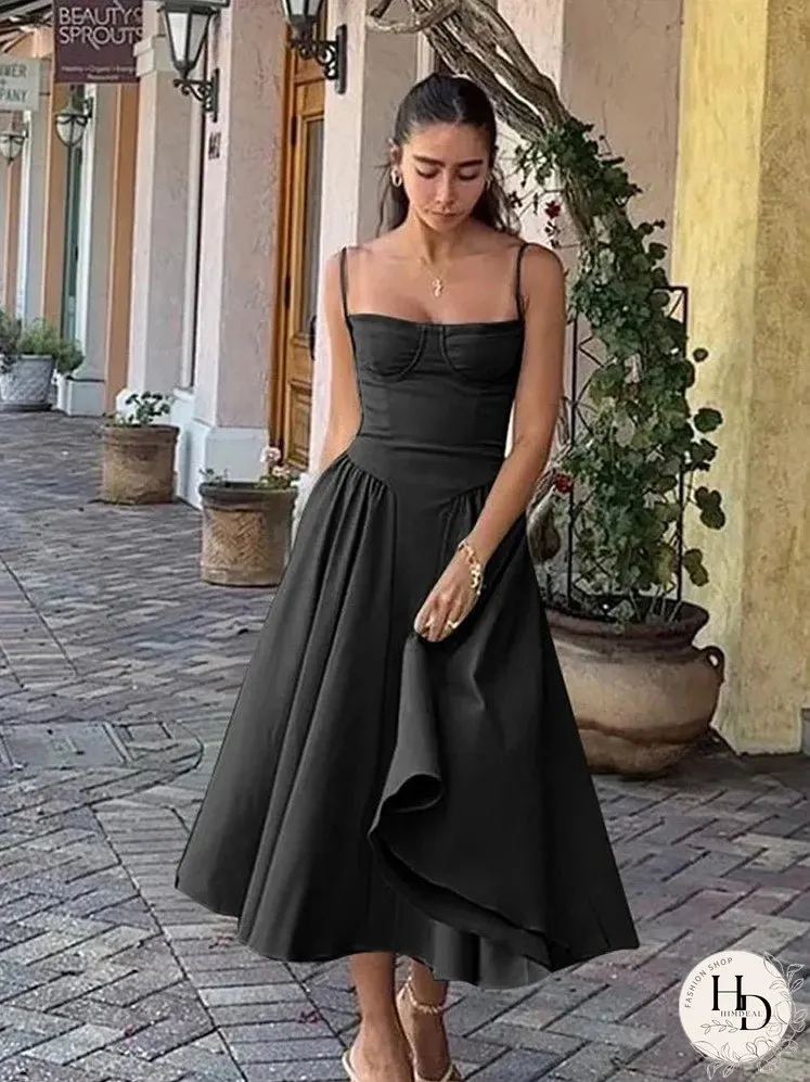 Elegant Solid Sling Long Pleated Dress Chic Sleeveless Backless A-Line Summer Party Club