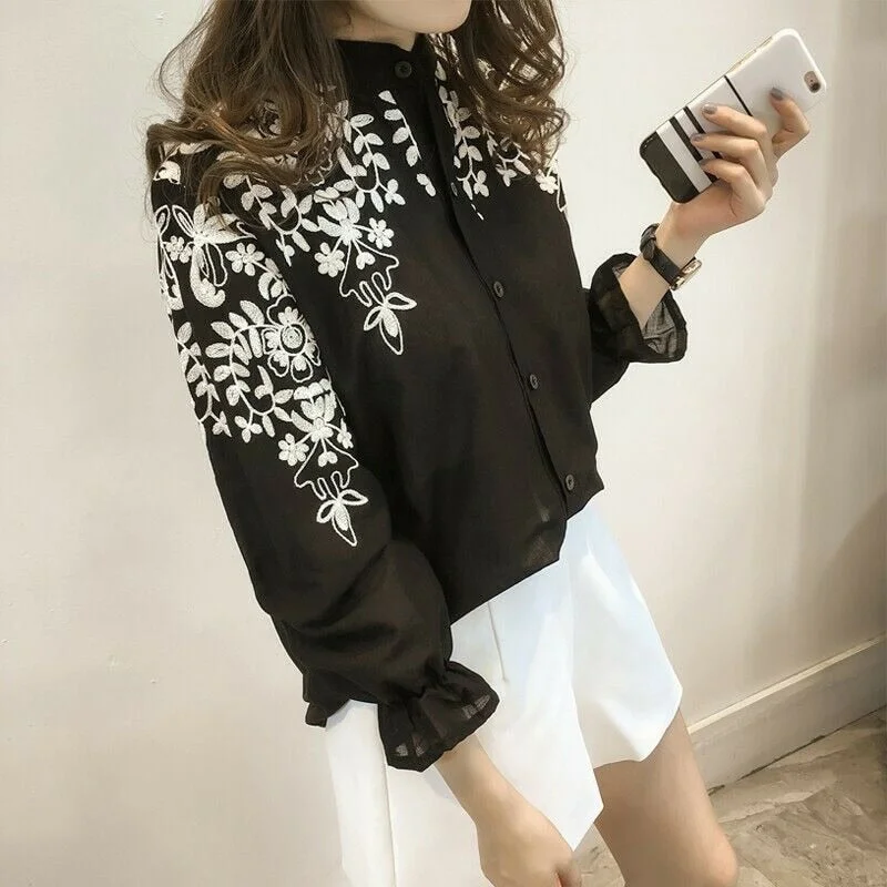 2019 New Women Fashion Embroidery Blouse Shirt Top OL Female Long Sleeve Office Lady Casual Floral Shirts Blouses Tops Plus Size