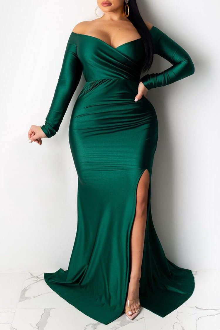 Xpluswear Plus Size Plain Formal Emerald Green Off The Shoulder Split Maxi Dress