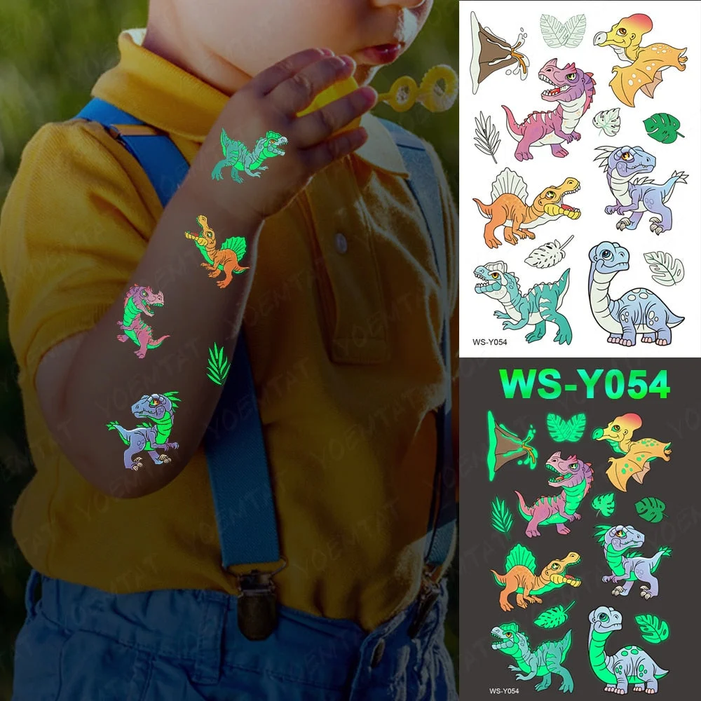 Luminous Glitter Tattoo Stickers Dinosaur Children Temporary Waterproof Jurassic Boy Tatto Body Art Cute Kid Cartoon Fake Tatoo