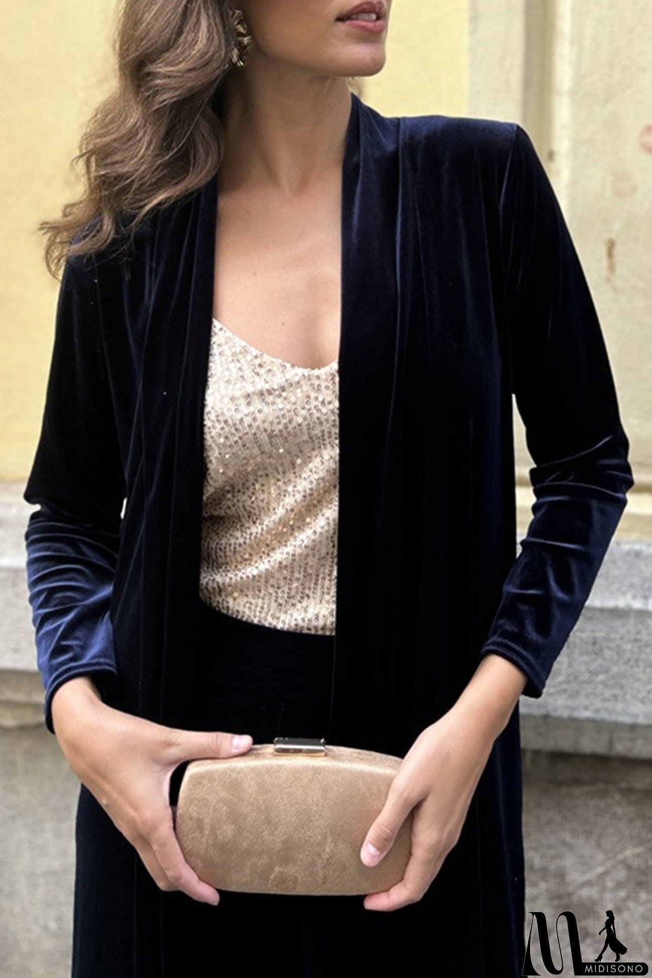 MidiSono - Velvet Slit Long Cardigan Two-piece Pants Suits