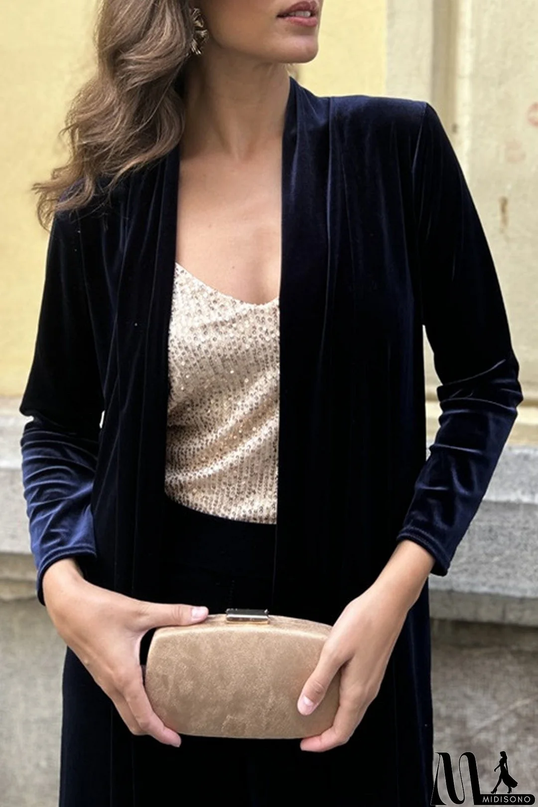 MidiSono - Velvet Slit Long Cardigan Two-piece Pants Suits