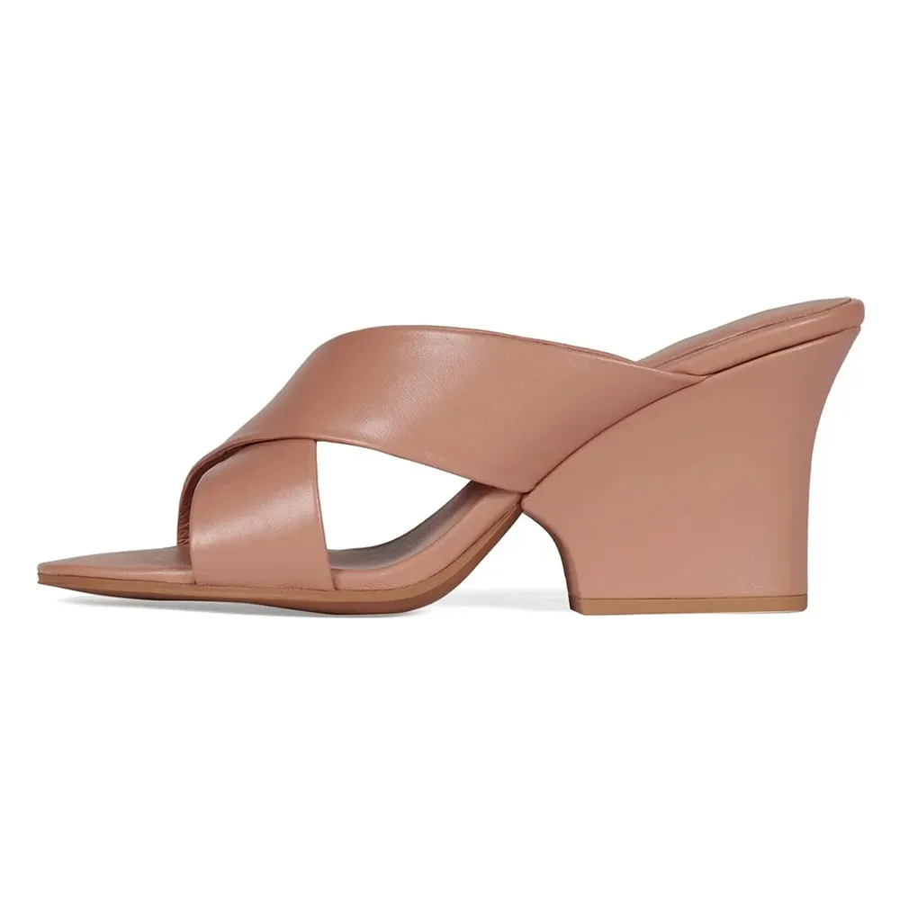 Blush Cross Strap Round Toe Block High Heeled Mules for Women