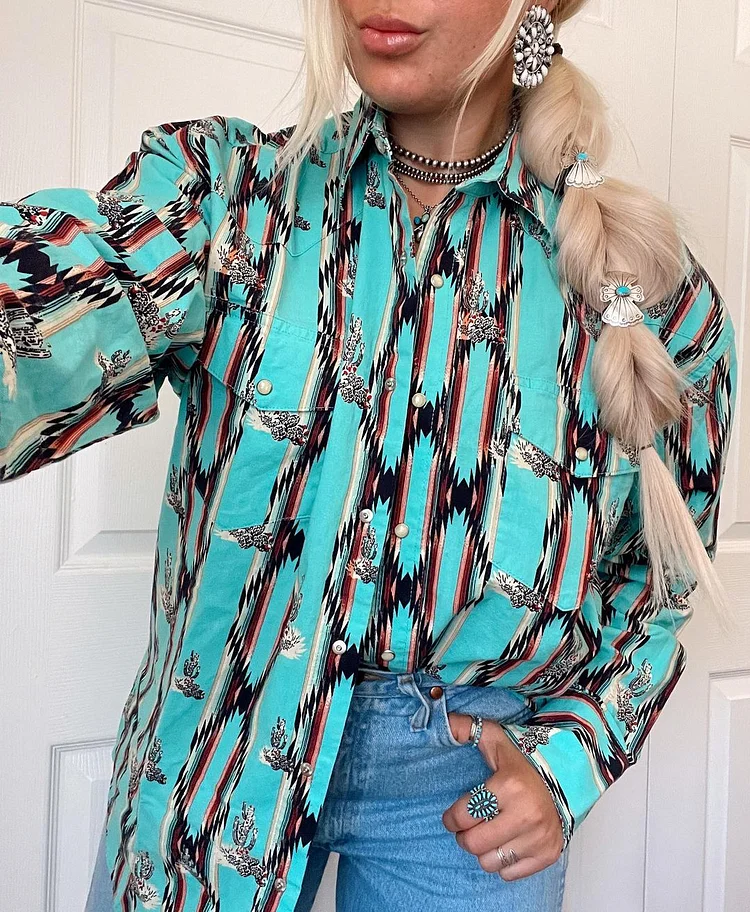 Vintage Cactus Print Striped Shirt