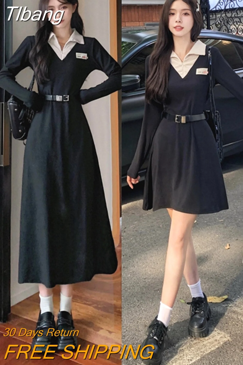 Tlbang Polo Neck Long Sleeve Black Midi Dresses for Women 2023 Autumn New Fashion Slimmer Waist Casual Korean Female Clothing 0410