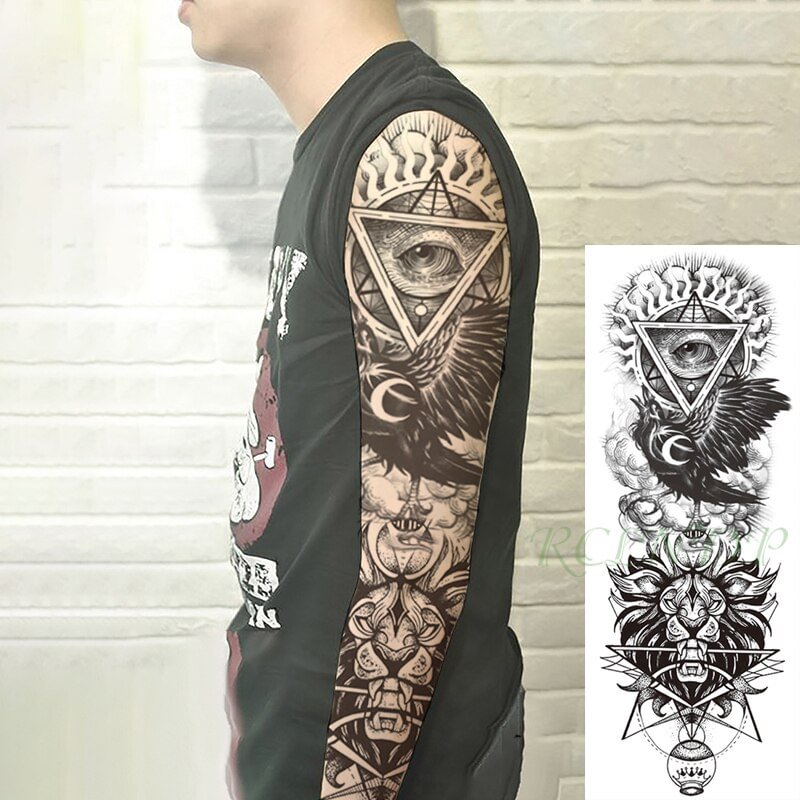 Gingf Temporary Tattoo Sticker Totem Weird Big Eye Crow Lion Head Triangle Full Arm Fake Tatto Flash Tatoo For Men Women