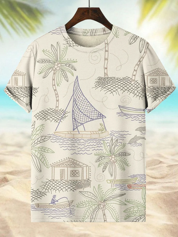 Men's Casual Coconut Tree Boat Vacations Hawaii Art Print T-Shirt