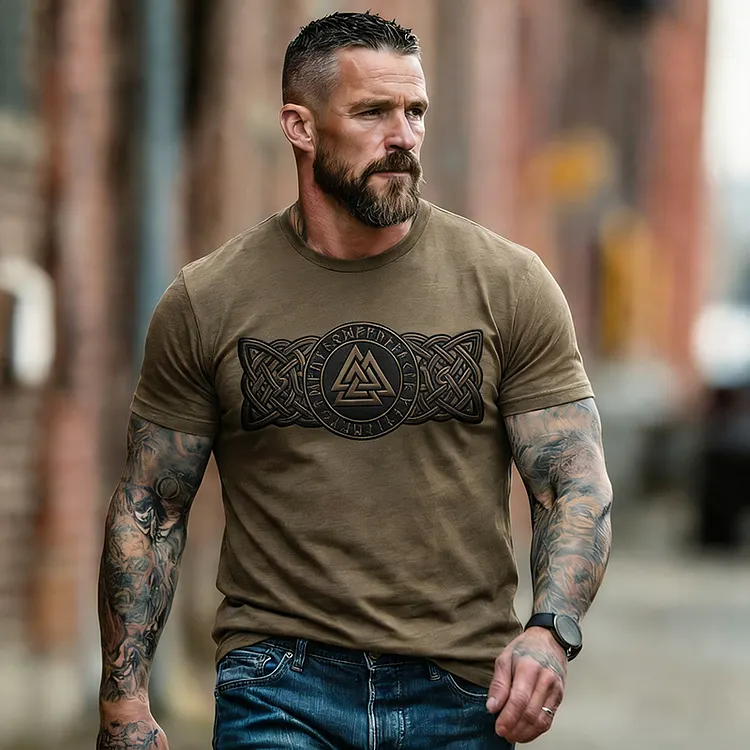 Men's Retro Viking Vegvisir Print Crew Neck T-shirt