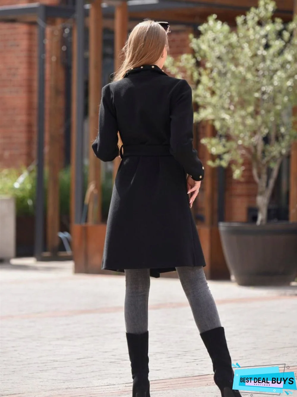 Simple Double Row Button Rivet Long Sleeve Lapel Button Woolen Coat