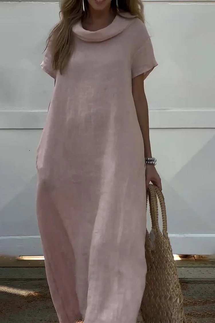 Cowl Neck Short Sleeve Solid Color Linen Maxi Dresses [Pre Order]