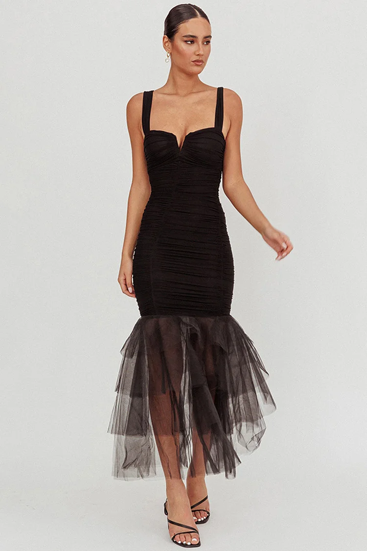 Cocktail Black Ruched Mesh Tiered Bodycon Maxi Dress
