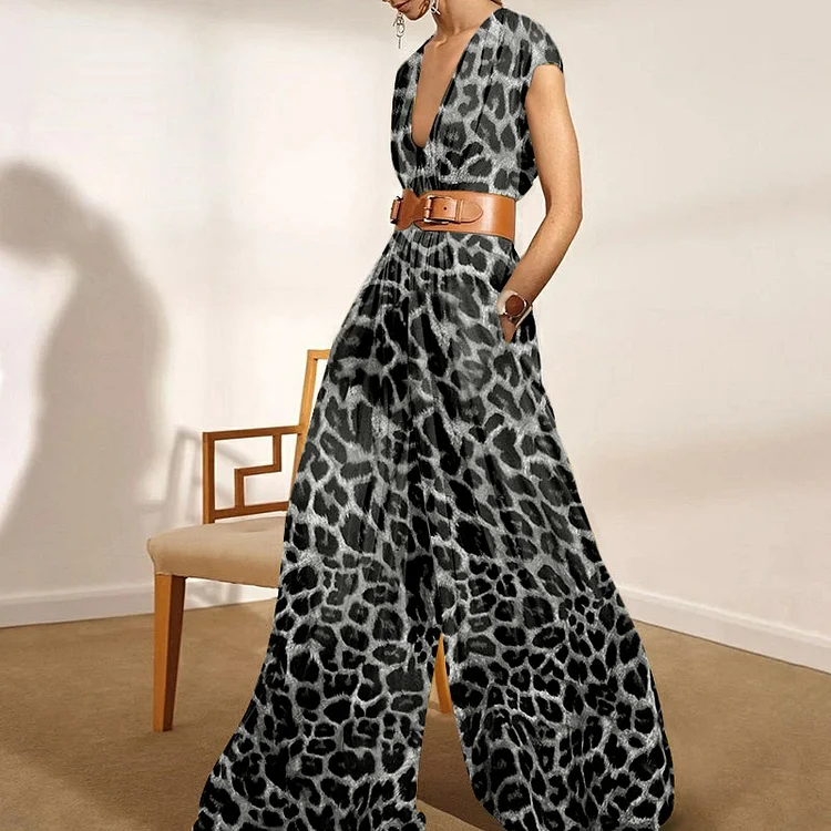 Leopard print sleeveless A-line women's jumpsuit SKUI28997 QueenFunky