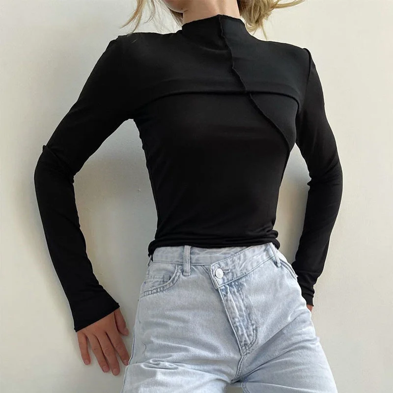 Uveng Split Line Long Sleeve Half Turtleneck Tops