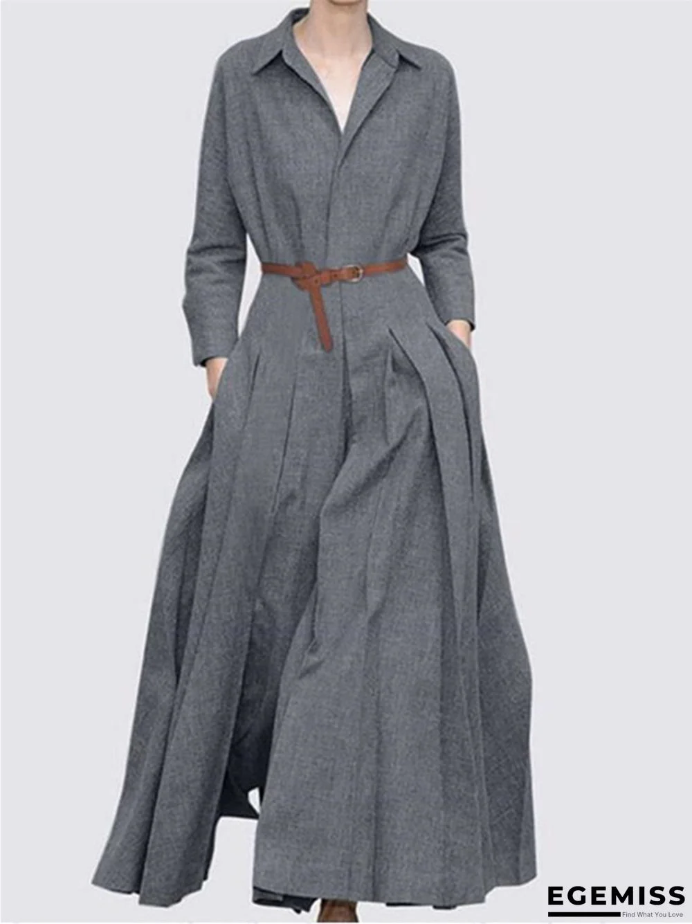 Belt-free Solid Color Loose Long Sleeve Lapel Casual Dress | EGEMISS