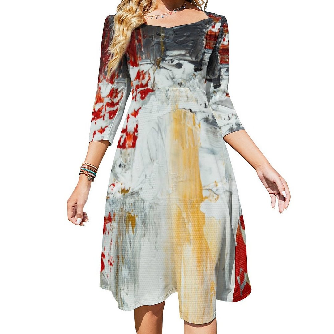 Multi Colored Abstract Painting Grey Red Yellow Dress Sweetheart Tie Back Flared 3/4 Sleeve Midi Dresses