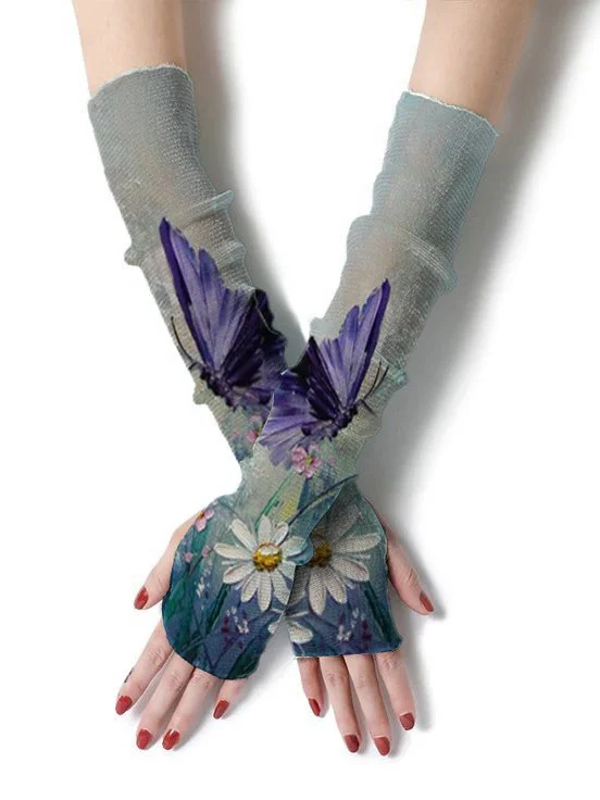 Retro butterfly print sleeve decoration fingerless sleeve gloves sun protection