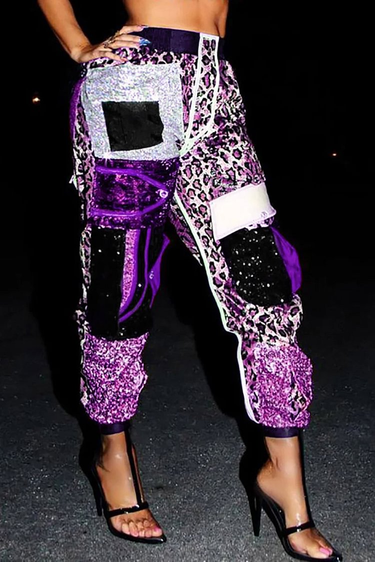 Plus Size Purple Party Patchwork Leopard Pocket Design Pants [Pre-Order]