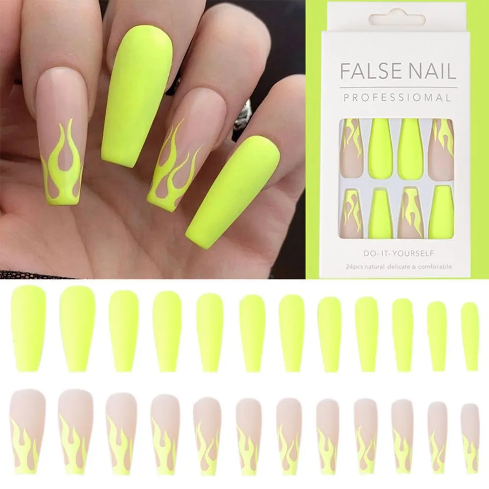 24pcs Extra Long Coffin False Nails yellow Flower designs Rhinestone Ballerina Fake Nails Full Cover Nail Tips Press On Nails