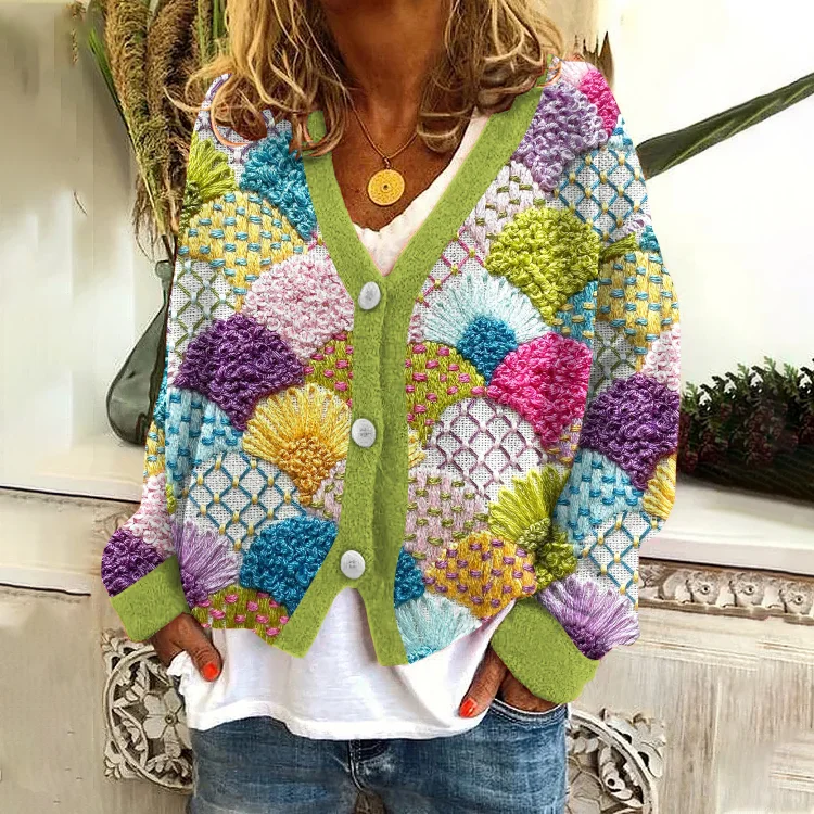 Comstylish Vintage Color Block Embroidery Pattern Knit Cardigan