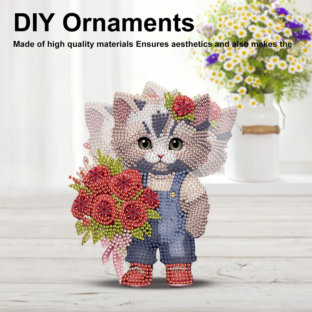 Cat Rose DIY 2D Flat Acrylic Desktop Diamond Art Kit with Rocking Function Decor