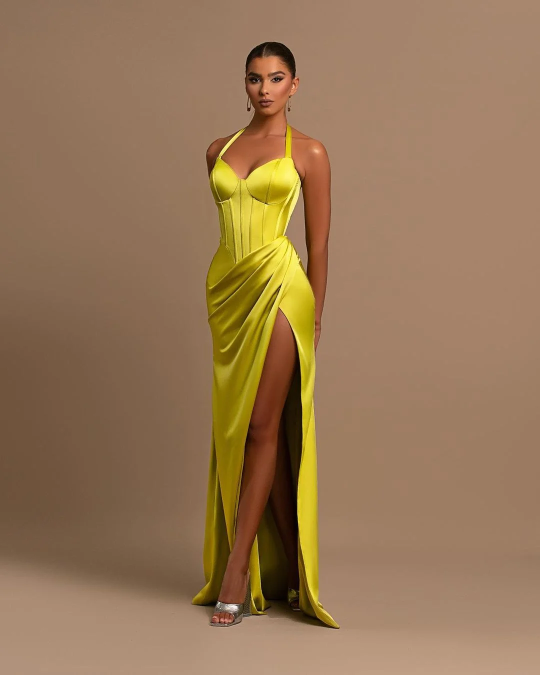 Miabel Gorgeous Yellow Halter Sleeveless Slit Prom Dress With Chic Pleats