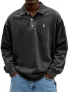 Men's Retro Washed Distressed Cotton Lapel Long Sleeve Polo Shirt