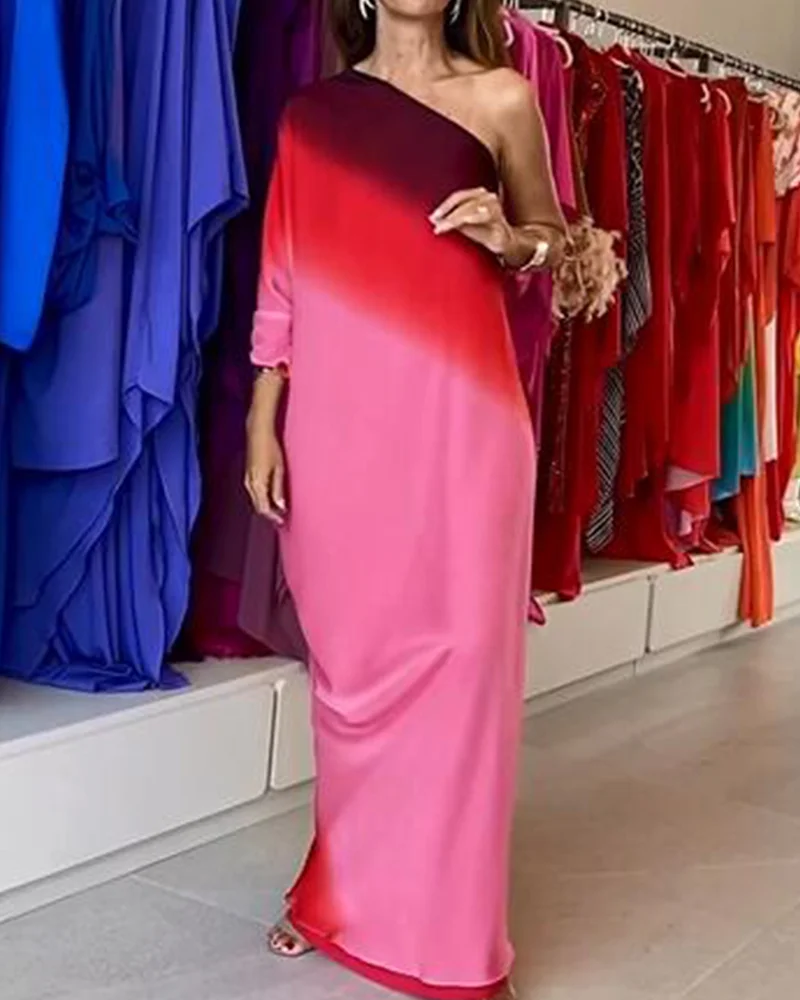 Gradient Color One Shoulder Loose Long Dress