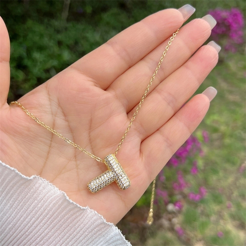 Copper 18K Gold Plated Hip-Hop Minimalist Classic Style Polishing Inlay Letter Zircon Pendant Necklace