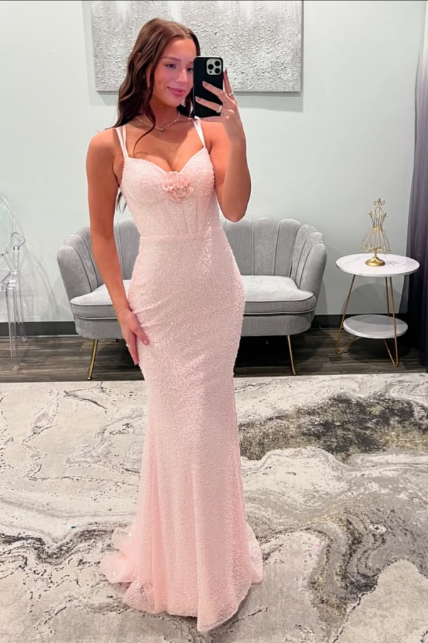 Spaghetti-Straps Blushing Pink Beaded Lovely Prom Dress | ZT0702 