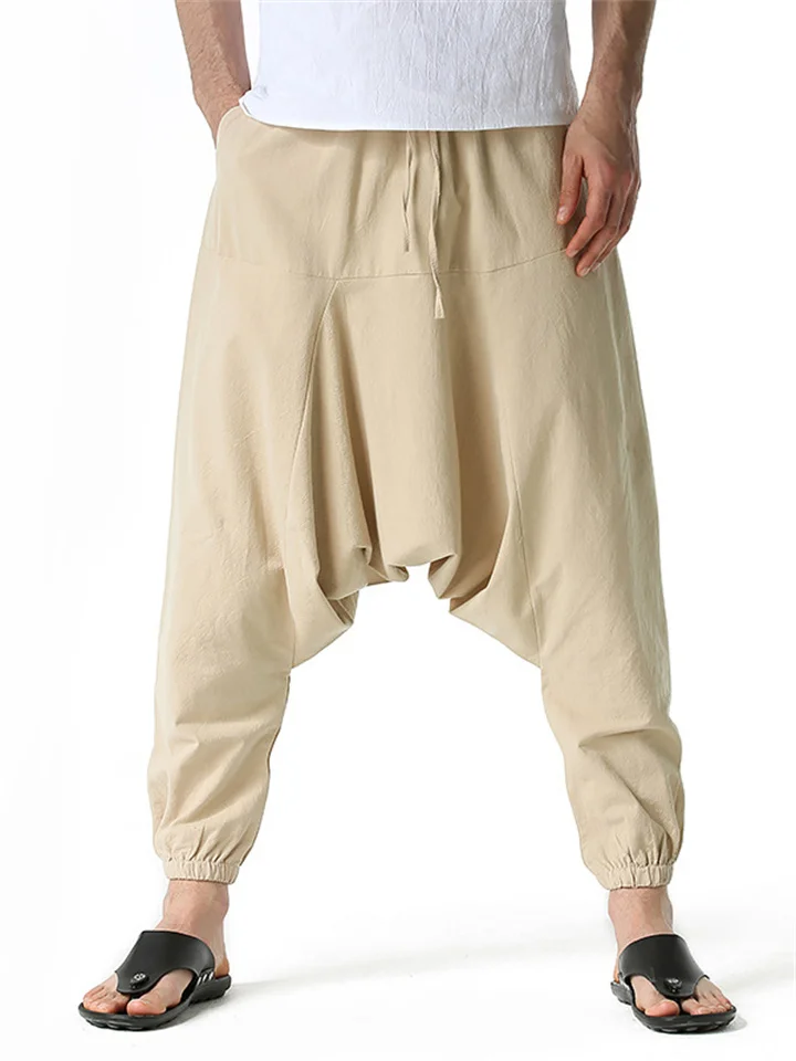 Men's Harem Linen Pants Trousers Summer Pants Baggy Drawstring Plain Full Length Casual Daily Linen / Cotton Blend Ethnic Style Boho Loose Fit Black Navy Blue