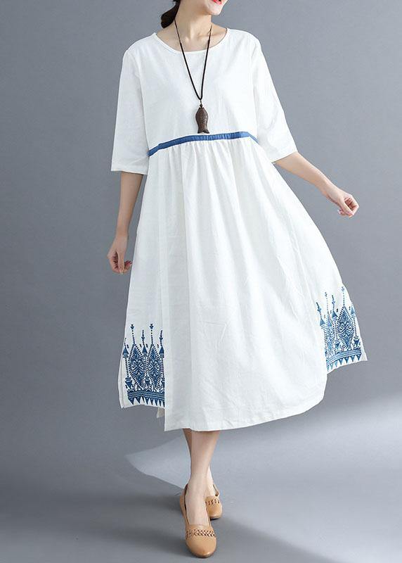 VCSHOES Loose blue linen clothes For Women embroidery Plus Size Clothing summer dress
