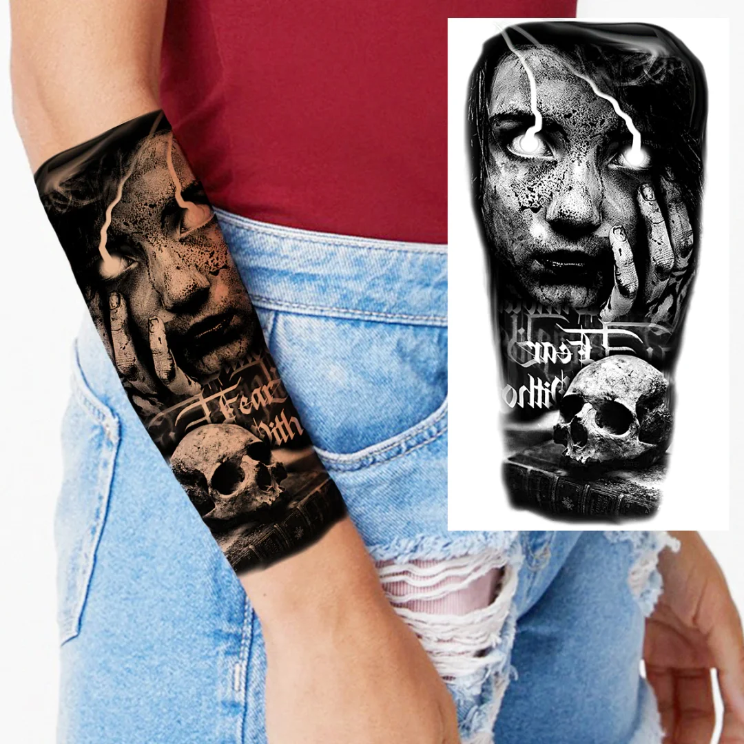 Sdrawing Praying Cross Temporary Tattoos For Men Adults Realistic Wolf Tiger Compass Skull Fake Tattoo Sticker Forearm Tatoos Arm